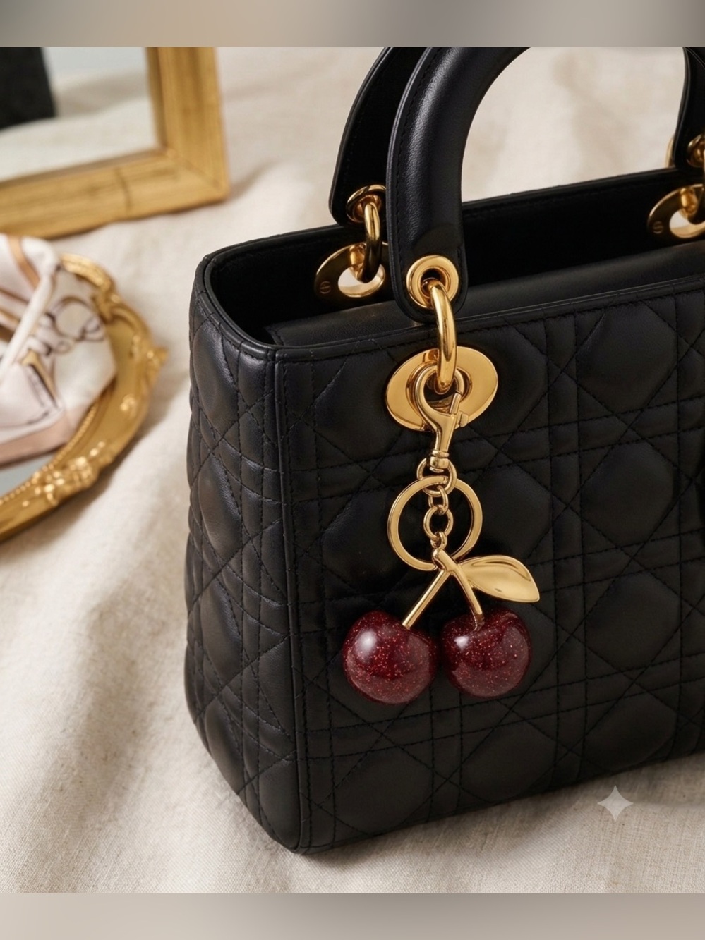 Glitter Cherry Bag Charm Keychain Resin Fruit Purse Key Ring Gold Tone Large - Picture 6 of 6
